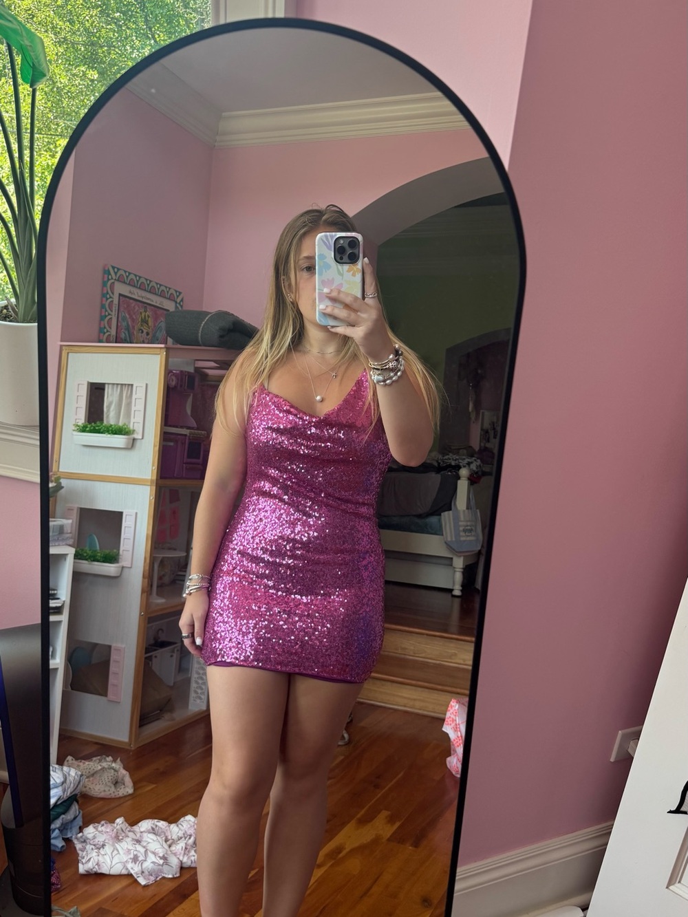 Hello Molly Fuchsia Sequin Cowl Neck Mini Dress - Picture 2 of 3